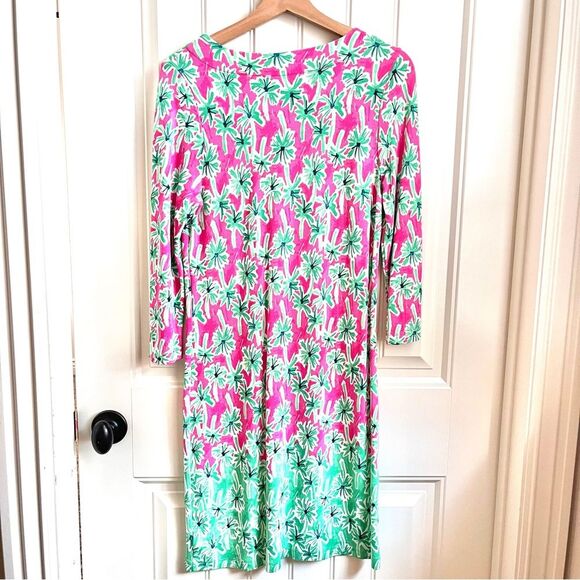 Crown & Ivy Palm Tree Dress Pink Green Size Small 3/4 sleeves split v neck - Picture 5 of 5